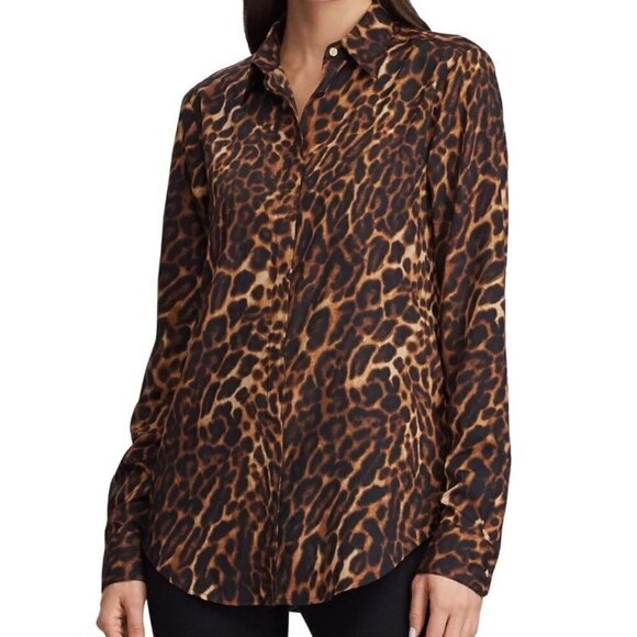 LAUREN Ralph Lauren Brown Black Leopard Print Long Sleeve Button Down Shirt. Med - Picture 2 of 15